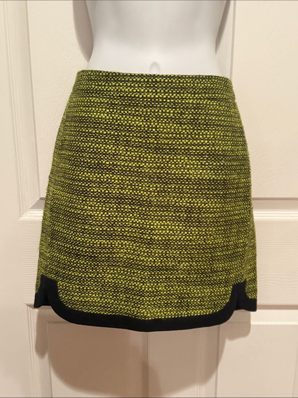 J. Crew Lime Green Tweed Mini Skirt with Black Hem